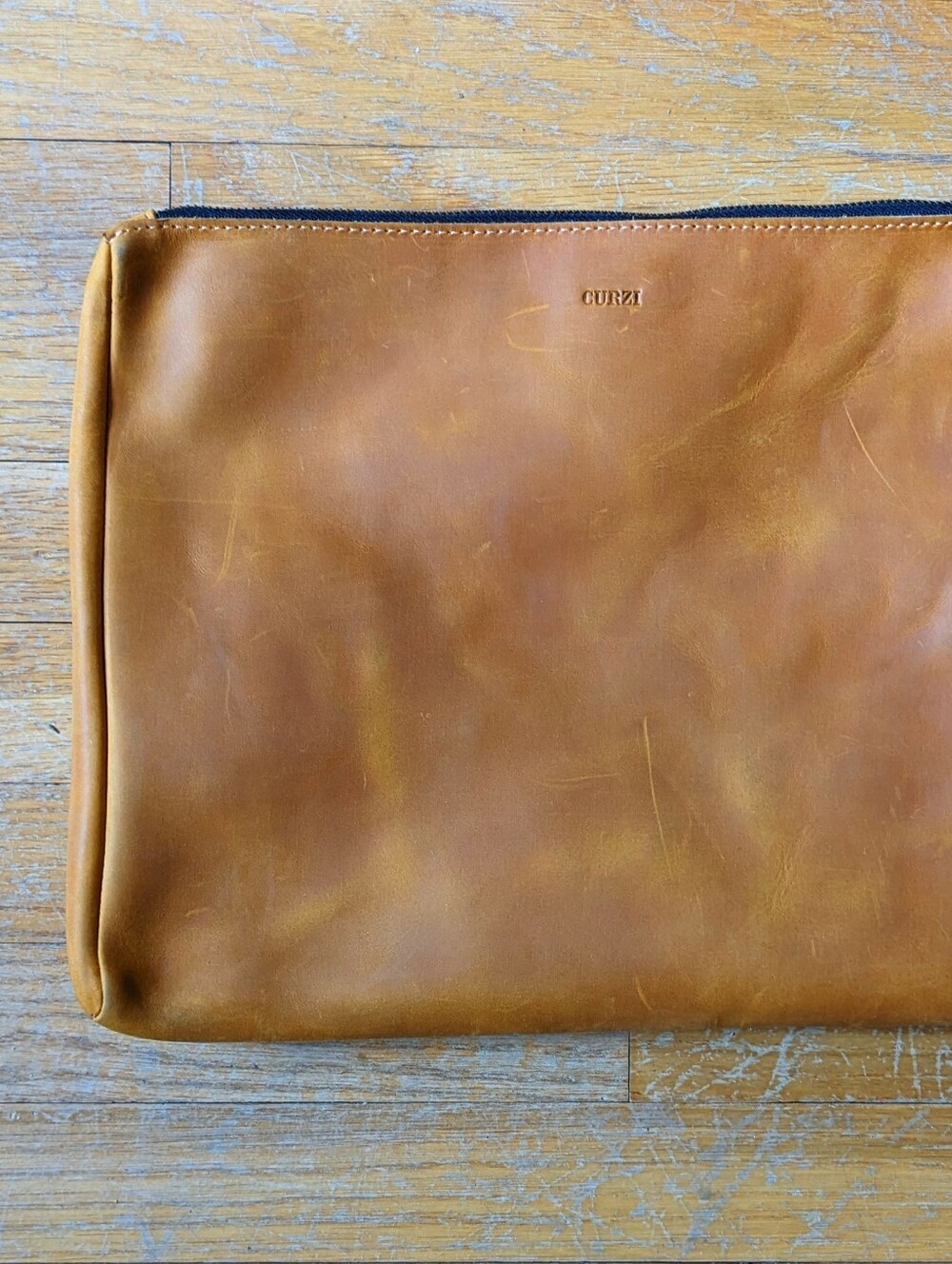 Mustard Yellow Full Grain Leather Zip Pouch – Minimalist Clutch Designer Sample